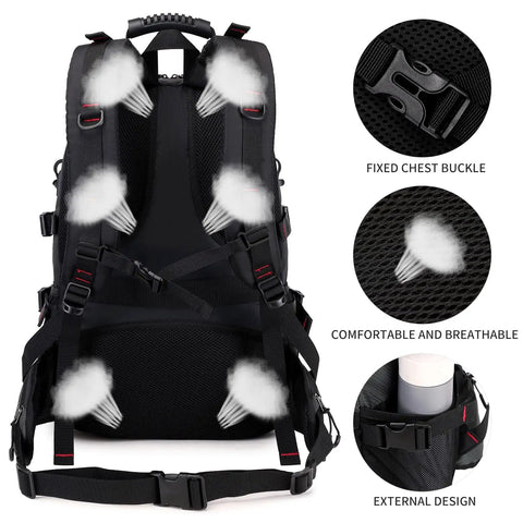 40L Hiking Backpack For Men And Women, Waterproof Outdoor Daypack For Camping And Travel, Lightweight Multicompartment Pack Back View Features
