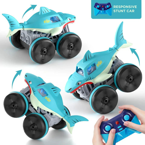Amphibious RC Shark Car 1:14 Scale, 2.4GHz 4WD Waterproof All Terrain Monster Truck with remote control in action poses.