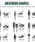 Carbide burr set, 10 pcs with 1/8 in shank for Dremel; assorted grinding heads for metal, wood, plastic, stone engraving