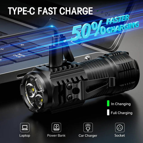 Rechargeable Mini Flashlights With Magnetic Base Twin Pack showing USB-C charging on laptop for emergency camping use.