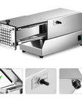Professional Electric Potato Chip Cutter And Commercial French Fry Slicer Machine Made With Durable Stainless Steel Blade For Home Kitchen Business Use 10mm Cut Size Easy To Clean Automatic Vegetable Chopper Device, side view showing control panel and blade.