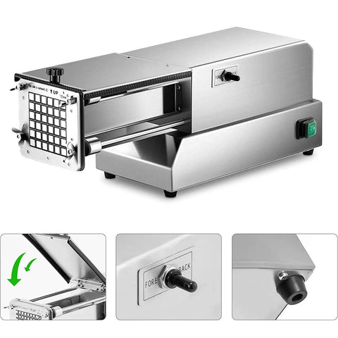 Professional Electric Potato Chip Cutter And Commercial French Fry Slicer Machine Made With Durable Stainless Steel Blade For Home Kitchen Business Use 10mm Cut Size Easy To Clean Automatic Vegetable Chopper Device, side view showing control panel and blade.