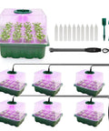 Six Pack Seed Starter Kit With Grow Light And 72 Cell Plant Starter Trays 3.9 Inch Humidity Dome Reusable Indoor Germination Tray For Gardening From Seed To Transplant Includes USB C Power Cables And Labels shown with components.