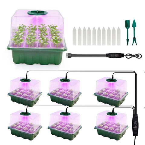 Six Pack Seed Starter Kit With Grow Light And 72 Cell Plant Starter Trays 3.9 Inch Humidity Dome Reusable Indoor Germination Tray For Gardening From Seed To Transplant Includes USB C Power Cables And Labels shown with components.