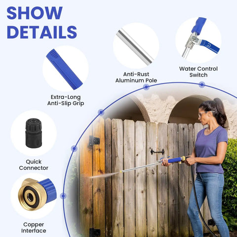 Woman using Beefy Jet Nozzle For Garden Hose With High Pressure Power Washer Wand And Two Adjustable Nozzles Copper Connectors Rugged Metal Sprayer Built For Hardcore Cleaning