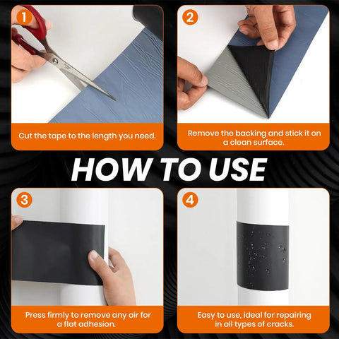 Instructions on using Waterproof Patch And Seal Tape 4 Inch By 13 Foot Extra Thick Adhesive Layer with UV Resistant Backing for repairs