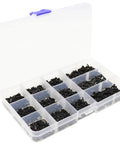 No Sweat Heavy Duty Black Carbon Steel Self Tapping Screws Assortment Kit With Smooth Round Pan Heads in clear organizer box.