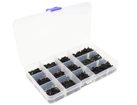 No Sweat Heavy Duty Black Carbon Steel Self Tapping Screws Assortment Kit With Smooth Round Pan Heads in clear organizer box.