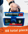 Person holding 88 Piece Bank Fishing Essentials Tackle Box Kit With Hooks Swivels Split Shot Floats Stringer And Disgorger In A Compact Blue Box Perfect Starter Gift For Beginner Anglers