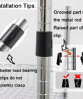 Installation guide for 72 Pack Wire Shelf Clips For 1 Inch Posts with close-up of black clip on wire shelving post.