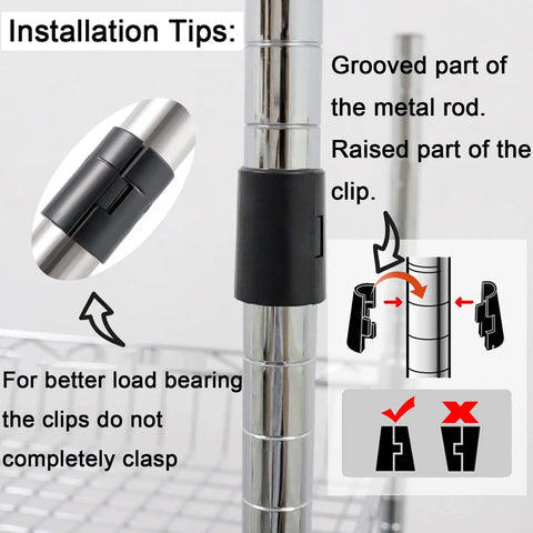 Installation guide for 72 Pack Wire Shelf Clips For 1 Inch Posts with close-up of black clip on wire shelving post.