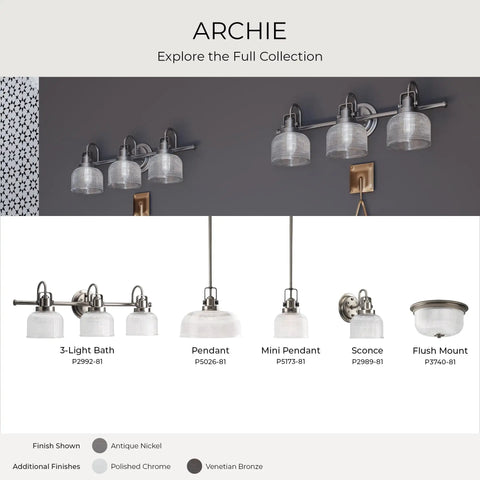 Archie Collection 3-Light Bath Vanity Light With Double Prismatic Glass in Antique Nickel, display of various lighting options.