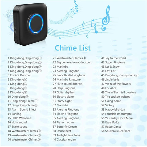 Wireless Doorbell Chime With 600 Ft Range, showing device and list of 58 melodies options