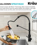 Bolden Commercial Style Two Function Pull Down Kitchen Faucet With Single Handle In Matte Black High Arc Open Coil Sprout Model KPF-1610MB with sprayhead in use