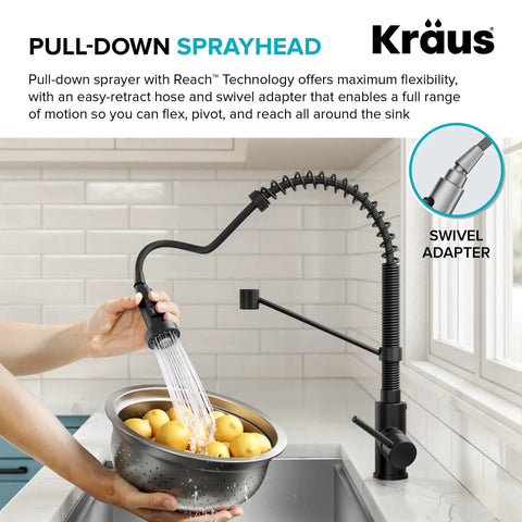 Bolden Commercial Style Two Function Pull Down Kitchen Faucet With Single Handle In Matte Black High Arc Open Coil Sprout Model KPF-1610MB with sprayhead in use