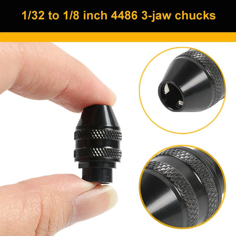 Close-up of 4486 3-jaw chuck from 28 Piece Drill Chuck Collet Set For Dremel Rotary Tools 1/32 To 1/8 Inch Replacement Kit
