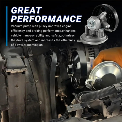 Vacuum pump with pulley installed in a vehicle engine bay, metallic silver finish