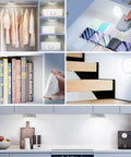 Puck Lights With Charging Station 4 Pack, Motion Sensor Under Cabinet Closet Lighting, Rechargeable USB Charging, Dimming And Timing LED Lights in various home settings.