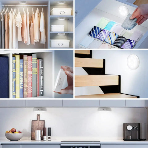 Puck Lights With Charging Station 4 Pack, Motion Sensor Under Cabinet Closet Lighting, Rechargeable USB Charging, Dimming And Timing LED Lights in various home settings.