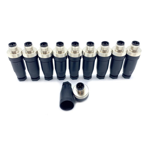 Line of M12 4 Pin Waterproof Male Circular Connector IP67 for field wiring with brass gold plated contacts and easy screw joint installation.