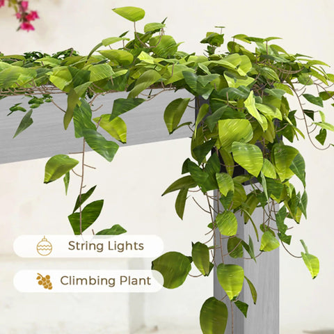 Close-up of 10x13 Foot Gray Outdoor Pergola Kit with climbing plants and string lights on wooden brackets.