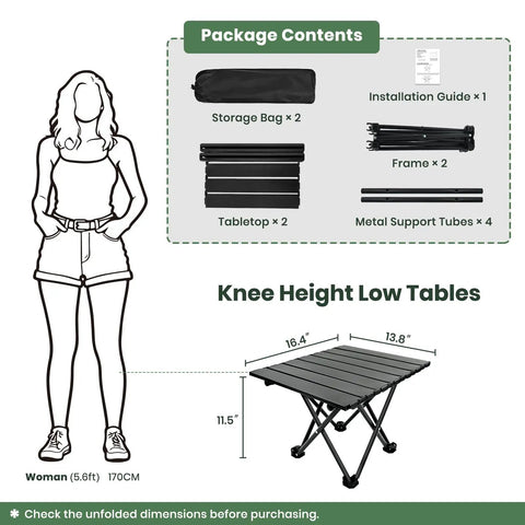 Ultralight Portable Camping Table Foldable With Carry Bag For Outdoor Travel Beach Camp Picnic BBQ Cooking Festival Boat And Home Use 2.46 Lb Lightweight Easy Carry shown with packaging contents and dimensions chart.