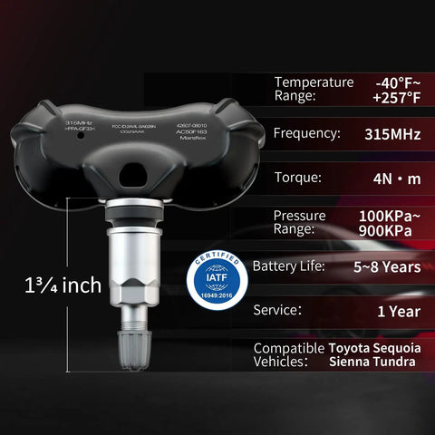 TPMS Sensor Fit For Toyota Tundra Sienna Sequoia 2007-2020 Direct Replacement Tire Pressure Monitoring System With Plug-And-Play Install And Durable Sensor For Leak-Free Performance And Reliable Tire Readings, 1 3/4 inch