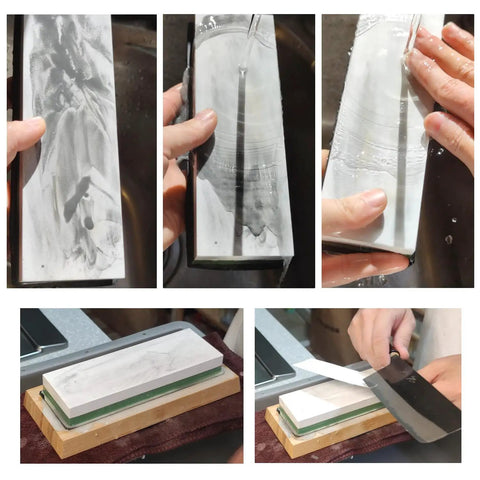 Two Sided Whetstone Knife Sharpener With 1000 And 6000 Grit Wet Stone Kit in use with anti-slip base and angle guide for precision sharpening.