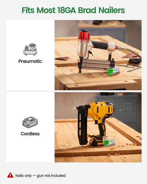 Pneumatic and cordless nailers shown for Heavy Duty Galvanized 18 Gauge Brad Nails 1 1/4 Inch Fasteners compatibility.