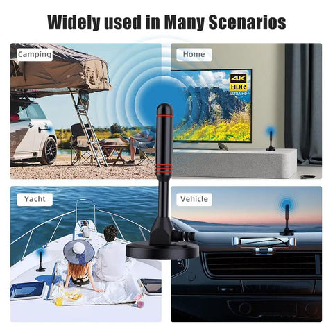 Image showing Indoor TV Antenna With Amplifier For Crazy Long Range Reception HD Digital Antenna used in various settings like camping, home, yacht, and vehicle.