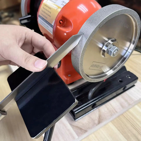 Heavy Duty Woodturning And Carving Tool Sharpening Jig For 6 Inch To 8 Inch Bench Grinders with precision steel arm in use.