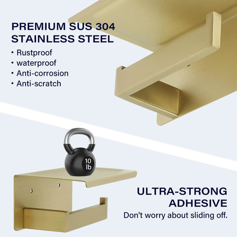Close-up of gold finish Two In One Stainless Steel Toilet Paper Holder With Shelf And Storage Dispenser SUS304 Rustproof.