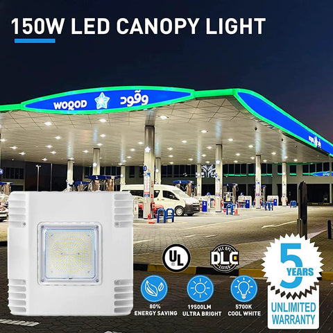 LED Canopy Light 150W, Mega Bright 21000 Lumens, 5700K Daylight at gas station, surface mount, outdoor IP65, UL DLC listed