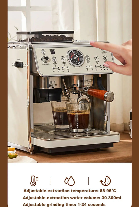 Built To Last Stainless Steel Espresso Machine With Integrated Burr Grinder, 25 Bar Pump Pressure, Auto Milk Frother, And Roomy Water Tank with coffee being brewed.