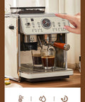 Top Grade Stainless Steel Espresso Machine With Built In Burr Grinder And Rapid Milk Frother Wand Includes 90 Oz Pull Out Water Tank brewing two espresso shots.