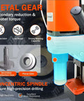 Magnetic drill press, side view with orange body and blue handle.
