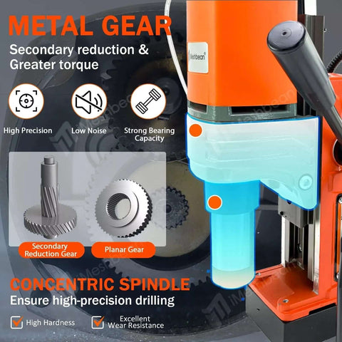 Magnetic drill press, side view with orange body and blue handle.