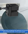 Power Assisted HVAC Crimp Tool for 30 to 24 GA round metal ducts, converting impact driver into duct seamer, side view in use