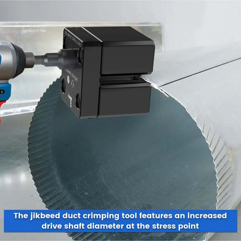 Power Assisted HVAC Crimp Tool for 30 to 24 GA round metal ducts, converting impact driver into duct seamer, side view in use