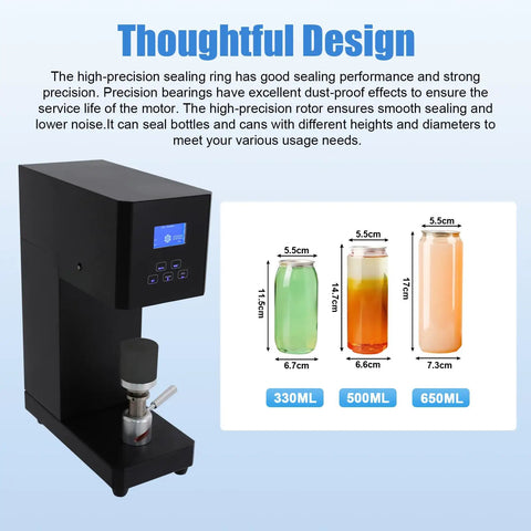 Pro Grade 370W Automatic Sealing Machine For Milk Tea Bottles And Tea Drinks with LED display and bottle size chart
