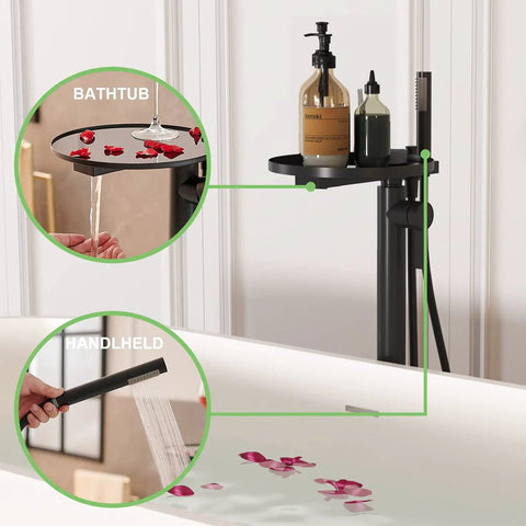 Matte Black Freestanding Bathtub Faucet With Shelf, Floor Mount Tub Filler, Handheld Brass Mixer, and Shower Faucets Kit