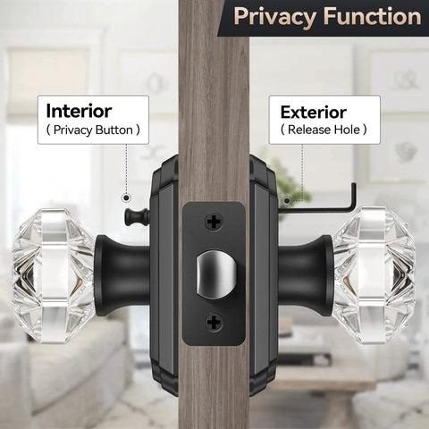 Five Pack Black Vintage Crystal Glass Door Knobs With Lock For Privacy Use Heavy Duty Zinc Alloy Backplates And Matte Finish Doorknob Set Ideal For Interior Doors Easy To Install And Durable Privacy Locking featuring interior and exterior view