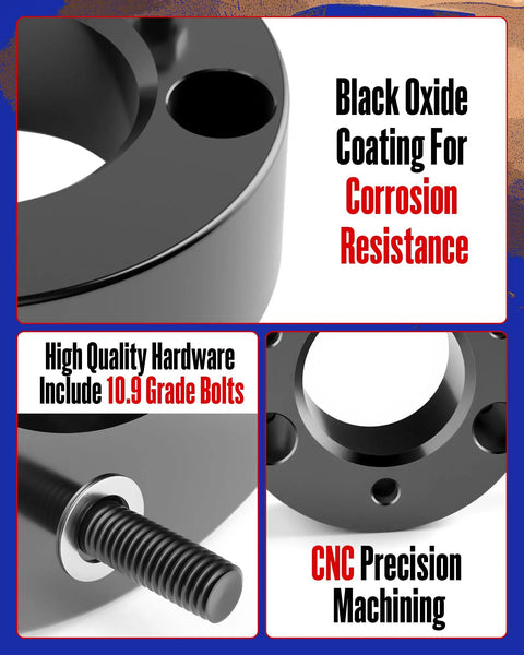 3 Inch Front Leveling Lift Kit For 2004 Through 2026 Ford F150 Strut Mount Spacer with black oxide finish and 10.9 grade bolts.