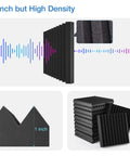 Twelve Pack Self Adhesive Acoustic Foam Panels One Inch Thick High Density Quick Recovery Sound Proof Wall Tiles For Gaming Room And Home Studio Black stacked and displayed with sound wave graphic.