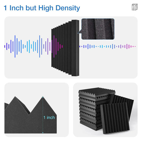 Twelve Pack Self Adhesive Acoustic Foam Panels One Inch Thick High Density Quick Recovery Sound Proof Wall Tiles For Gaming Room And Home Studio Black stacked and displayed with sound wave graphic.