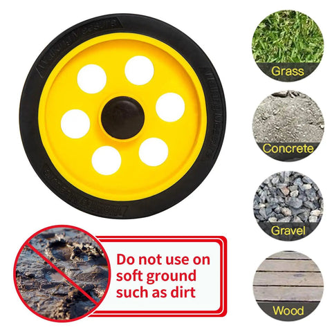 Measuring Wheel With Feet And Inches, 40 Inch Adjustable Length, 4 Inch Wheel showing surface suitability of grass, concrete, gravel, wood
