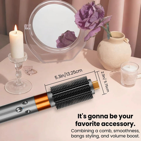 Upgraded Round Brush Attachment For Dyson Airwrap HS01 05 08 on a decorative table with candle and mirror