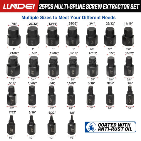 Image of Heavy Duty Screw Extractor Set For Damaged Screws And Stripped Bolts 25 Piece CR MO MultiSpline EZ Out Style Remover.