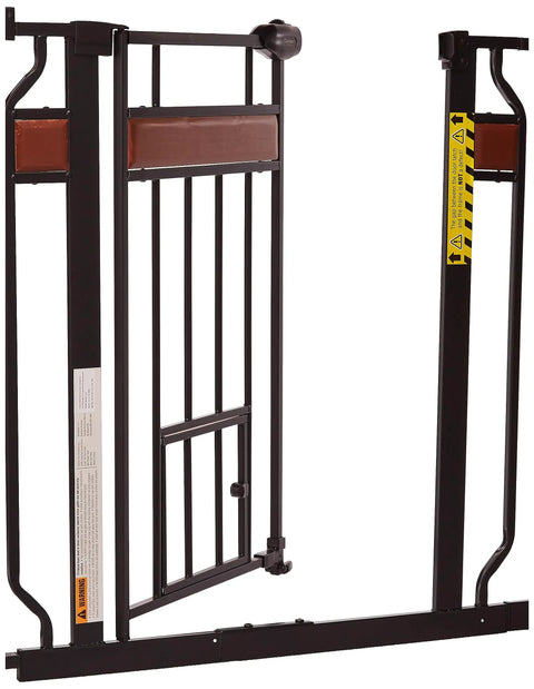 Home Design Extra Wide Walk Thru Pet Gate With Small Pet Door 10x7, Decor Hardwood Look For Pups, 30 Inch Tall, frame view