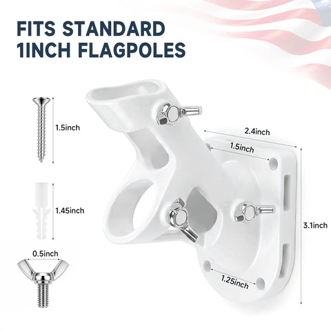Mighty Sturdy White Flag Pole Holder Bracket For Outside House Walls, detailed dimensions showing 1 inch aluminum mount.